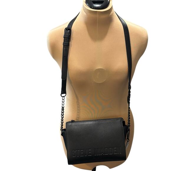 Steve Madden Pebbled Faux Leather Crossbody Bag Purse Black Chain Shoulder Strap - Picture 4 of 7